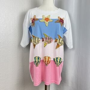 VTG Victoria Harbour Top Womens Large Sequin Beach Sea Coastal Grandma Y2K Retro